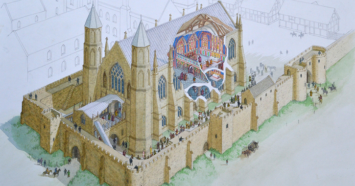 A reconstruction image showing the scale and decorated interior of Bishop Bek’s 14th century chapel at Auckland Castle